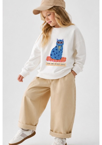 Monila Kız Çocuk 3 İplik Kumaş Pamuklu Mavi Kedi Baskılı Sweatshirt Ekru