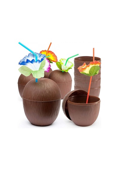 Hindistan Cevizi Hawaii Luau Aloha Pipetli İçecek Kabı Bardak 10x13 Cm 1 Adet Evimdeyokyok Çok Renkli
