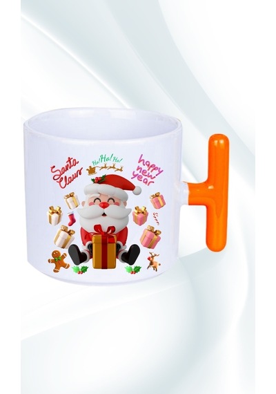 Noel Baba Happy Christmas Baskılı T Saplı Kupa Bardak Porselen Çay Kahve Fincanı Turuncu