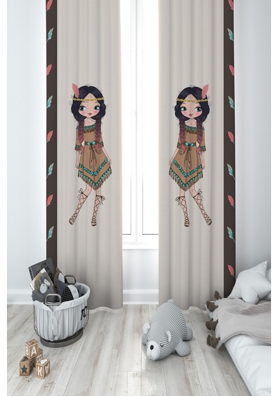 Mekta Home Bebek Ve Çocuk Odası Kızılderili Desenli 2 Kanat Fon Perde