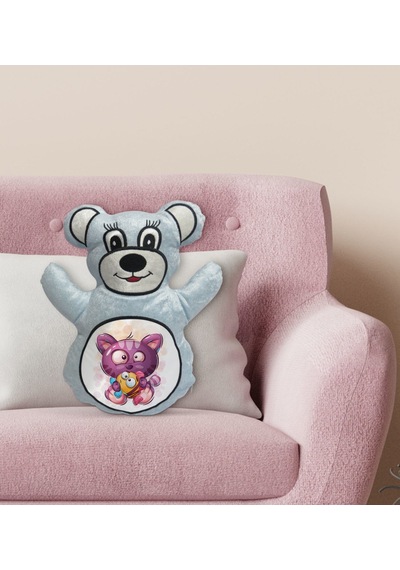 Bk Gift Sevimli Sevimli Kedi Tasarımlı Mavi Ayıcık Yastık-5