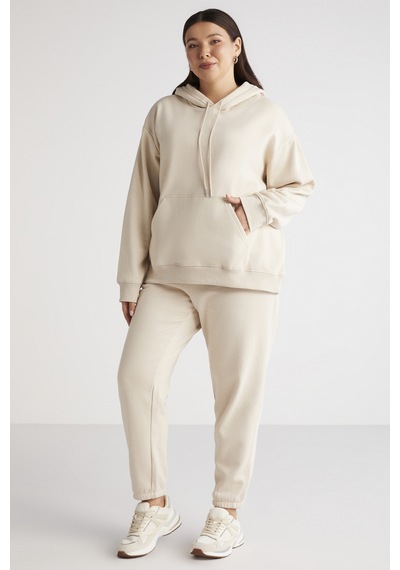 ETHIQUET TEREZABB Kadın Içi Polarlı Yumuşacık Comfort Fit Kapüşonlu Kanguru Cep Bej Büyük Beden Sweatshirt