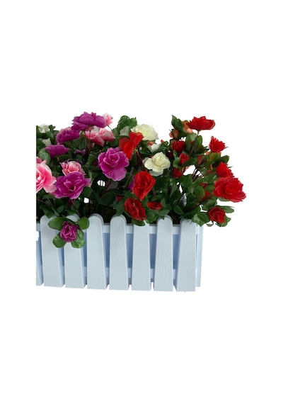 Yapay Çiçek Beyaz Çit Balkon Saksısı Renkli Açelya Çiçekli 55x20C
