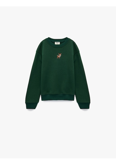 Koton Geyik Nakış Detaylı Uzun Kollu Bisiklet Yaka Şardonlu Sweatshirt Yeşil 6wkg10376ak