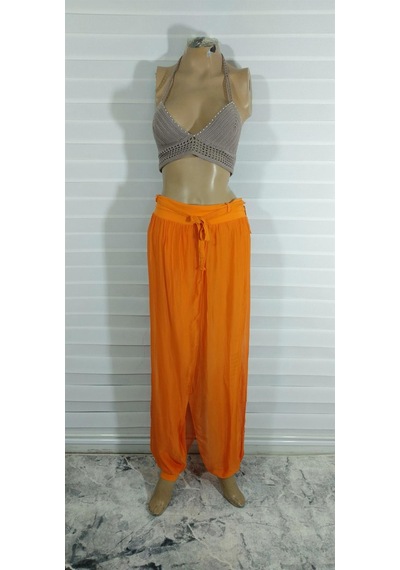 Bohem Stil İtalyan Kapaklı Ipek Şalvar Pantolon-8783 Turuncu