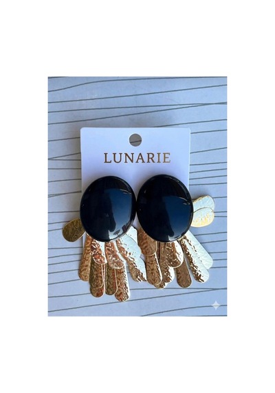 Lunarie Vintage Siyah Oval Taşlı Yaprak Sallantılı Küpe Altın