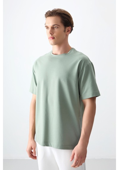 Air Jones Tommy Life Açık Yeşil Pamuklu Kalın Yumuşak Dokulu Oversize Fit Basic Erkek T-shirt - 88377 CAMEL