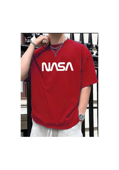 Medinenur Unisex Nasa Baskılı Siyah Tshirt Kırmızı