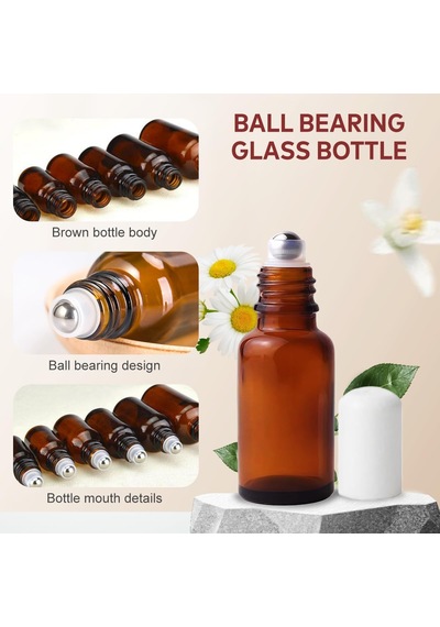 3 X 30 Ml, Boş Kehribar Renkli Cam Şişe, Paslanmaz Çelik Rulo Küreli, Uçucu Yağlar İçin Doldurulabilir Deneme Kabı, Parfüm, Dudak Balsamı