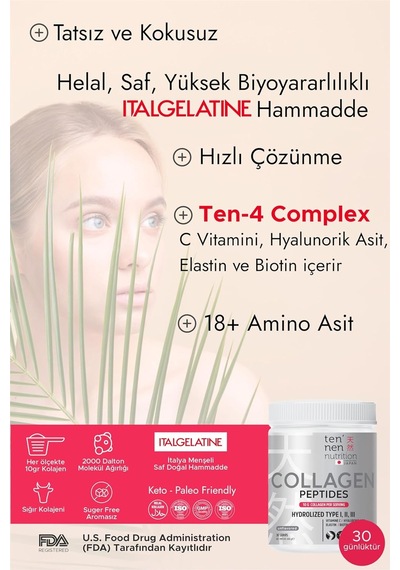 Tip 1, Tip 2 Ve Tip 3 Saf Hidrolize Kolajen, Pure Collagen Peptides, Hyaluronik Asit, Vitamin C, Biotin, Elastin Her Serviste Yüksek Kaliteli 10 Gr Kollajen , 306 Gram 30 Servis