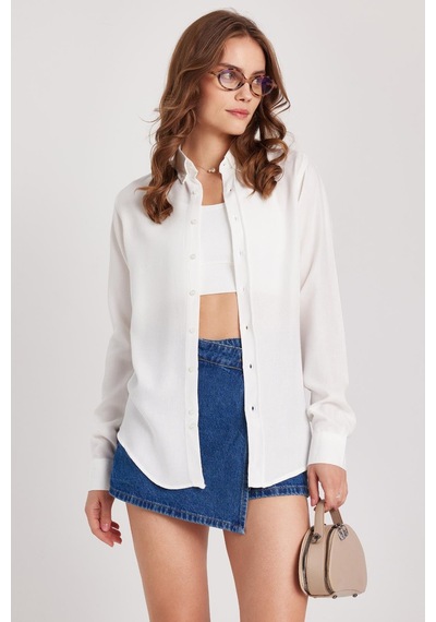 Tudors Kadın Slim Fit Düğmeli Yaka Kışlık Yün Viskon Düz Beyaz Gömlek-37880 Beyaz