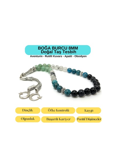 Yıldız Doğal Taş Boğa Burcu 8mm 33lük Doğal Taş Tesbih