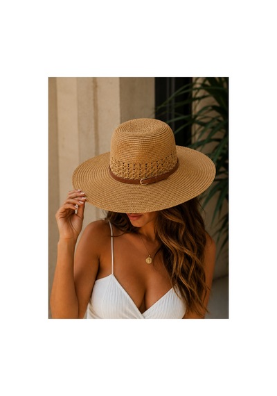 Gigi Luxe Kadın Hasır Plaj Şapkası Geniş Kenarlı Tokalı Kemer Detaylı Yazlık Güneş Şapkası Camel Camel