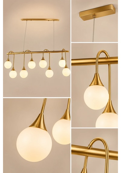 Eskitme Premium Gold 8 Opal Küreli Sarkıt Avize Yemek Masası Salon Mutfak Avizesi 40w Beyaz