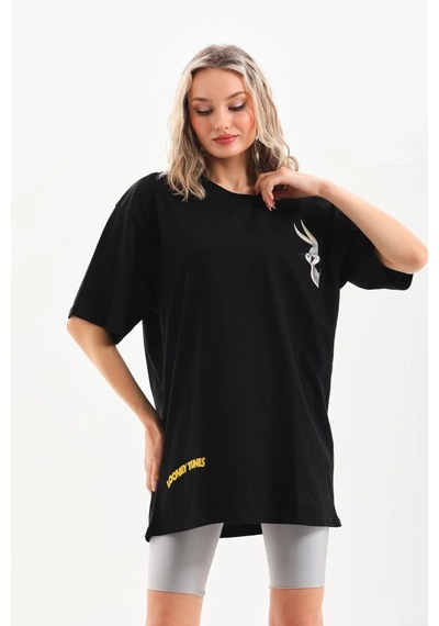 Kadın Baskılı Oversize Kısa Kol T-shirt - Siyah Siyah