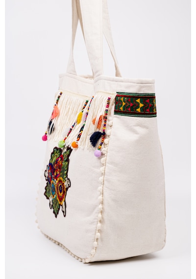 Fabric Craft Bag Omuz Çantası Bohem Nakışlı Püsküllü Pamuklu Krem 45x35 Krem