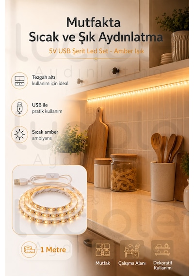1 Metre 5v Usb Amber Şerit Led Aç Kapa Anahtarlı Mutfak Tv Arkası Masa Kamp Dekoratif Işık