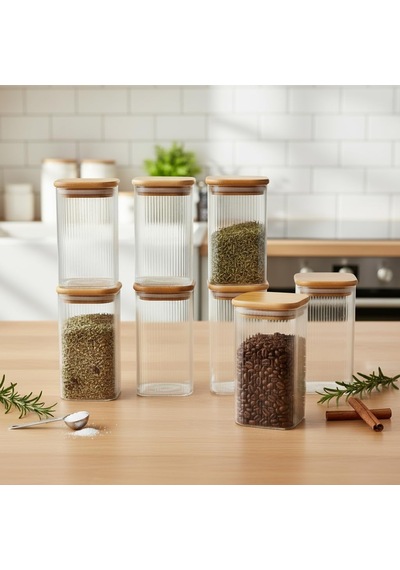 Lexroo 6'lı Set 425 Ml Bambu Kapaklı Kare Cam Kavanoz Çok Renkli