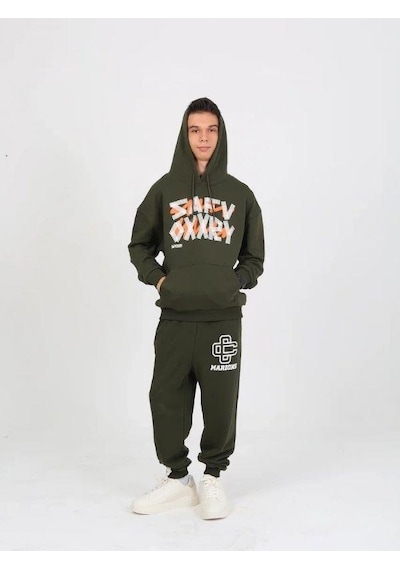 Marions Erkek Çocuk Yazı Detaylı 2 İplik Kapüşonlu Sweatshirt-15229 Haki