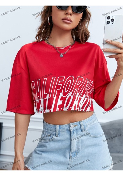 Flood Of Style Crop Ckod-232913 Grafikli Düşük Omuz Kısa Kırmızı