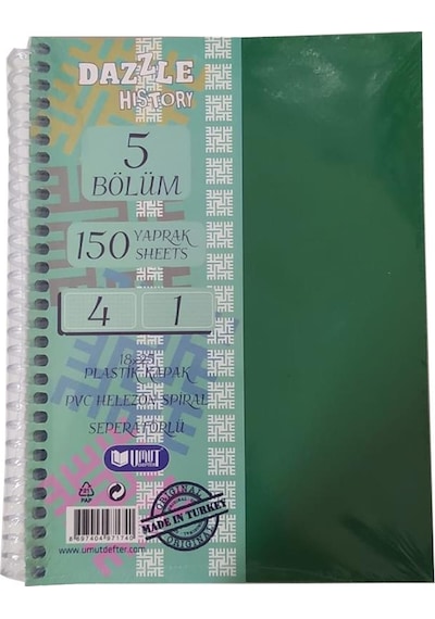 Orta Boy 4+1 Ayraçlı Defter 5 Konulu 150 Yaprak 1 Adet 4 Kareli 1 Çizgili Spralli Plastik Kapak Seperatörlü 18x25 Cm Yeşil Orta Boy 4+1 Ayraçlı Defter 5 Konulu 150 Yaprak 1 Adet 4 Kareli 1 Çizgili Spralli Plastik Kapak Seperatörlü 18x25 Cm Yeşil