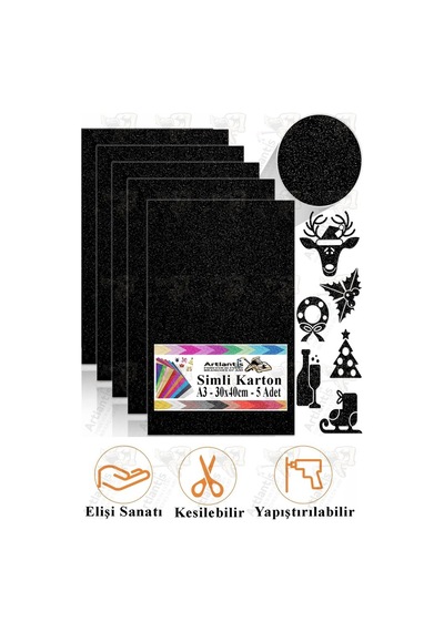 Simli Karton A3 30x40 Cm 5 Li 1 Paket Simli Fon Kartonu Parıltılı Kağıt Anasınıfı Kreş Etkinlik Proje Dekoratif Siyah