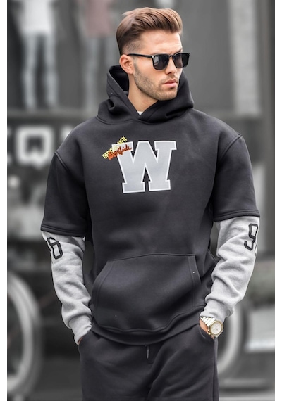 Madmext Siyah Nakışlı Kapüşonlu Sweatshirt 6141-siyah Siyah
