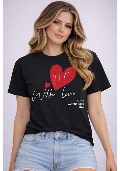 Herkesemoda White Love Baskı Detaylı Basic T-shirt Siyah