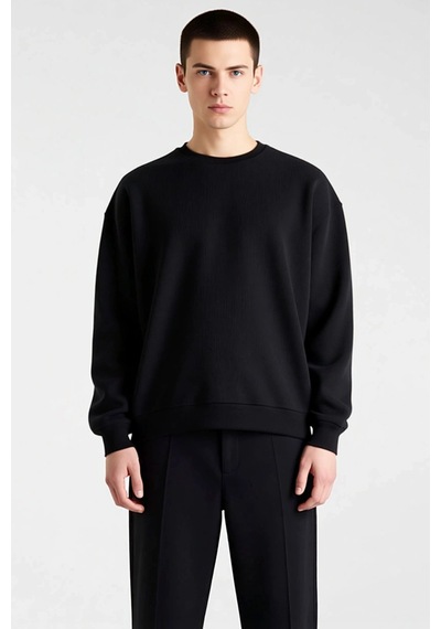 Benerly Erkek Bisiklet Yaka Standart Kol Oversize Waffle Dokuma Sweatshir siyah