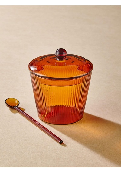 The Mia Striped Cam Kaşıklı Şekerlik Amber 10x12 Cm Cam0436