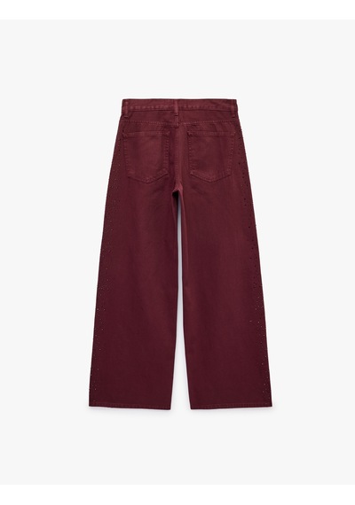 Koton Yüksek Bel Taşlı Bol Paça Düğmeli Cepli Pamuklu Denim Pantolon - Loose Straight Fit Jean Bordo 7wal40007mw