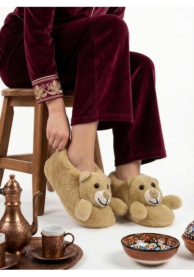 Altın Pabuç Kadın Hayvanlı Panduf Sıcak Tutan Peluşlu Rahat Yumuşak Kışlık Ayıcıklı Ev Terliği Pandifi Ve Botu Taba