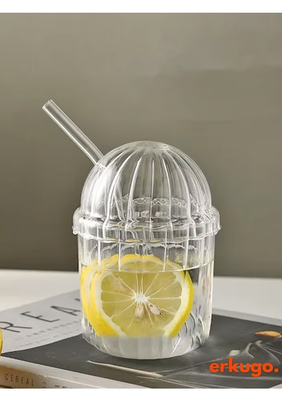 Cam Kapaklı Pipetli Borosilikat Sunum Bardağı, Isıya Dayanıklı Bardak, Kahve Bardağı 450 Ml Mocha