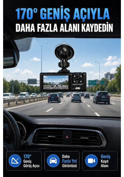 Wifi Destekli Araç İçi Kamera Çift Kameralı Full Hd 1080p 170 Geniş Açılı Araç Kayıt Kamerası 42906179