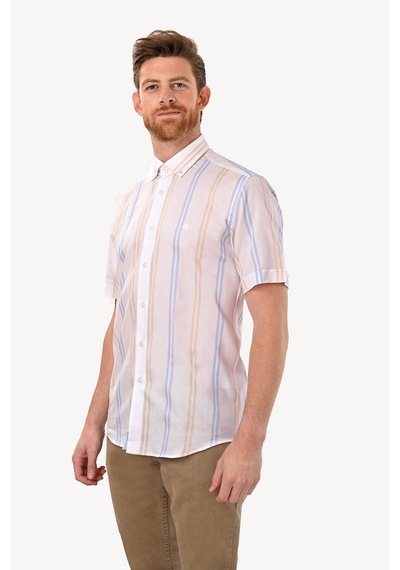 Erkek Beyaz Kısa Kol Çizgili Slim Fit Gömlek