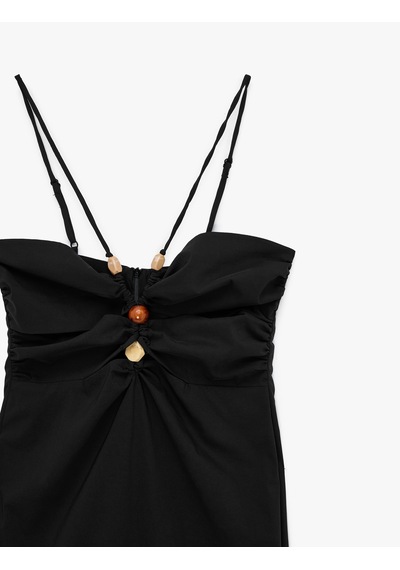 Koton Slim Fit Büzgülü Boncuk Detaylı İp Askılı Midi Elbise Siyah 6sak80185ew