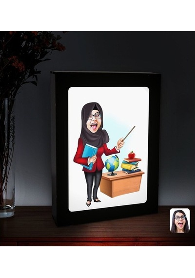 Kişiye Özel Tesettürlü Kadın Öğretmen Karikatürlü Led Işıklı Ahşa (508326810)