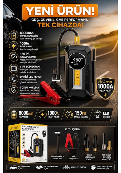 Auhma A8899 Akü Takviye Cihazı & Hava Kompresörü - 80000mah Powerbank, 150 Psı, 1000a Peak, Led Fene