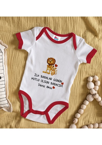 Bk Gift Bk Kids Kişiye Özel İlk Babalar Günü Tasarımlı Kırmızı Bebek Body Zıbın-3 Çok Renkli