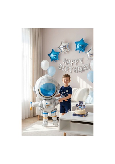 Büyük Astronot Balon Stand Seti Şeffaf 7 Li Stand + Büyük Astronot Folyo Balon 88 120 Cm + 7 Lateks Balon