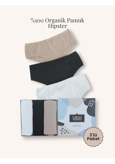 Must Have 3'lü Organik Pamuk Hipster Külot Siyah - Beyaz - Krem