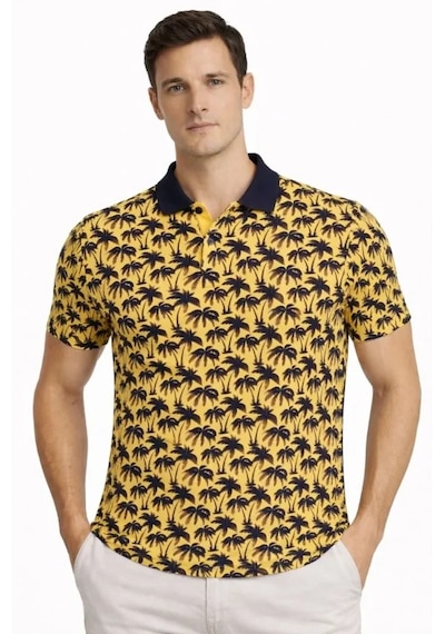 Suma Erkek Pike Kumaş Polo Yaka Palmiye Desenli Tişört Kısa Kol Yazlık T-shirt - Sarı