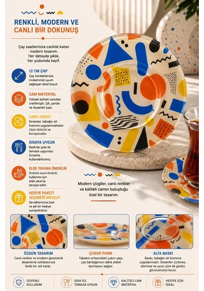 6 Lı Cam Çay Tabağı - Renkli Modern Geometrik Desenli 12 Cm - 6 Adet Çay Tabak Çok Renkli
