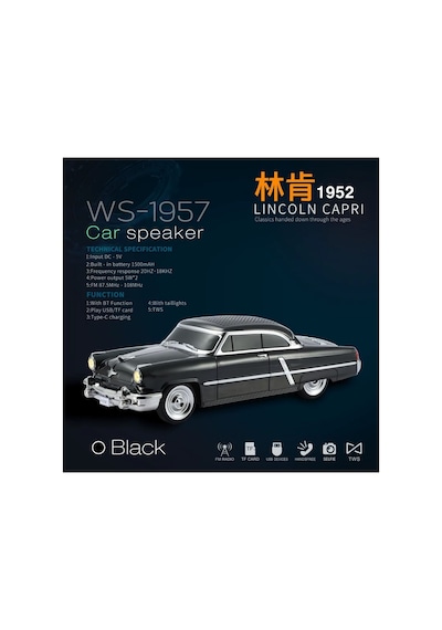 1952 Lincoln Capri Şarjlı Bluetooth Speaker Kablosuz Led Işıklı Hoparlör Fm Radyo Sd Kart Usb