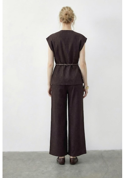 Shade Kadın Kruvaze Yaka Saten Kuşaklı Yelek Bol Pantolon Alt-üst Denim Takım 9415 60286044 - Kahverengi