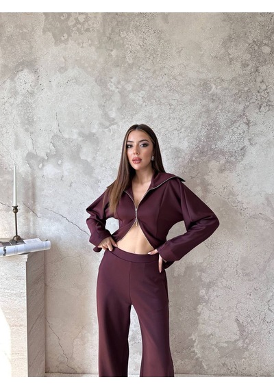 Hopıan Kadın Bordo Fermuarlı Yarasa Kol Crop Sweatshirt