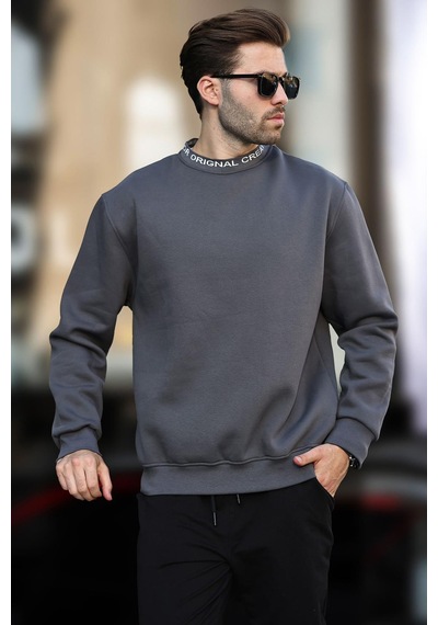 Madmext Füme Bisiklet Yaka Şardonlu Erkek Sweatshirt 7047-füme Füme