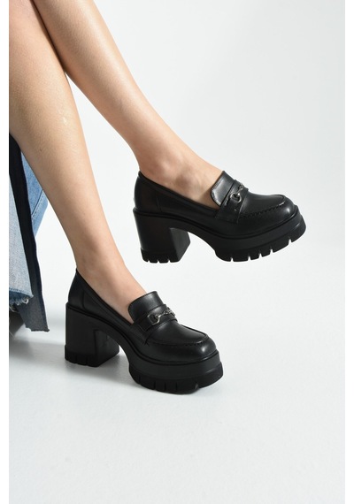 Dabab Shoes Chonora Kadın Siyah Cilt Zincir Detaylı Kalın Taban Topuklu Loafer Siyah - Siyah