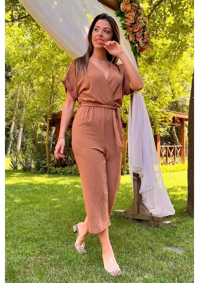 Neşeli Butik Kadın Kruvaze Yaka Bağlama Detaylı Ayrobin Tulum Nb10049 Camel