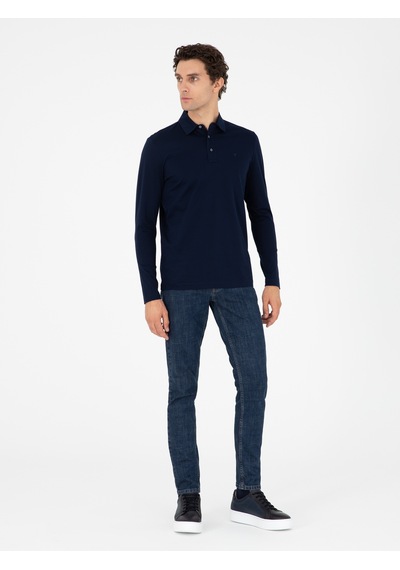 Lacivert Regular Fit %100 Pamuk Polo Yaka Sweatshirt